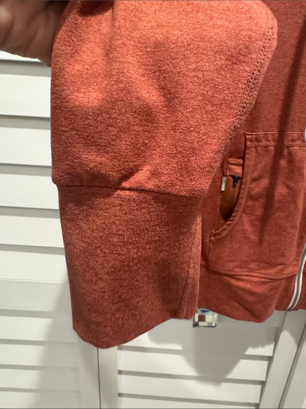 Vuori Halo Performance Zip Hoodie in Rust Orange, soft fabric. No fabric tag. - Picture 6 of 10